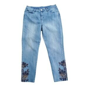 Soft Surroundings Roxy Floral Studded Embellished Denim Straight Jeans Sz 18